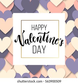 Happy Valentine's day greeting card, romantic love, creative printable journaling. Gold minimal logo in frame on abstract background. Vintage modern design for banner, poster, flyer, package template.