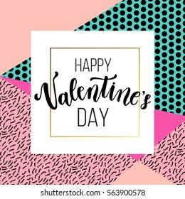 Happy Valentine's day greeting card, romantic love, creative printable journaling. Gold minimal logo in frame on abstract background. Vintage modern design for banner, poster, flyer, package template.