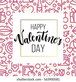 Happy Valentine's day greeting card, romantic love, creative printable journaling. Gold minimal logo in frame on abstract background. Vintage modern design for banner, poster, flyer, package template.