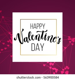 Happy Valentine's day greeting card, romantic love, creative printable journaling. Gold minimal logo in frame on abstract background. Vintage modern design for banner, poster, flyer, package template.
