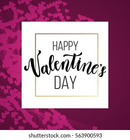 Happy Valentine's day greeting card, romantic love, creative printable journaling. Gold minimal logo in frame on abstract background. Vintage modern design for banner, poster, flyer, package template.