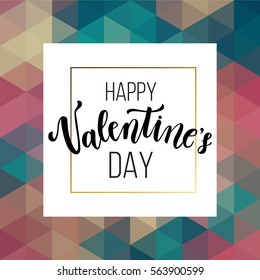 Happy Valentine's day greeting card, romantic love, creative printable journaling. Gold minimal logo in frame on abstract background. Vintage modern design for banner, poster, flyer, package template.