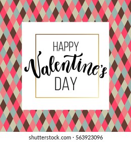 Happy Valentine's day greeting card, romantic love, creative printable journaling. Gold minimal logo in frame on abstract background. Vintage modern design for banner, poster, flyer, package template.
