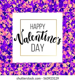Happy Valentine's day greeting card, romantic love, creative printable journaling. Gold minimal logo in frame on abstract background. Vintage modern design for banner, poster, flyer, package template.