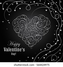 Happy Valentines day greeting card. Beautiful swirl pattern in a shape of heart on dark background.