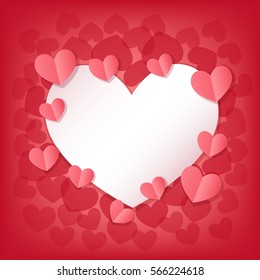 Happy Valentine's Day greeting card with white and pink hearts. Space for lettering in the middle. Romantic Gift background. Vector Illustration.