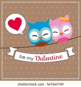 happy valentine's day, greeting card for valentine's day with cute love owls couple