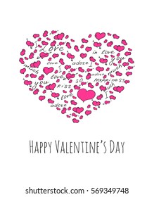 Happy valentines day greeting card with pink hearts and cute font. Vector illustration. Happy Valentine's Day words.