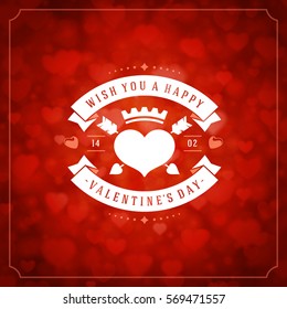 Happy Valentines day Greeting Card and Bokeh Hearts Light Vector Background. Vintage frame and label template.