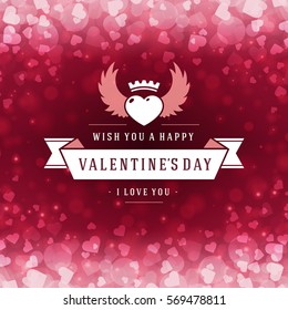 Happy Valentines day Greeting Card and Bokeh Hearts Light Vector Background. Vintage frame and label template.