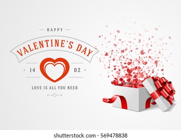 Happy Valentines day Greeting Card Design and Gift Box with hearts confetti Vector Background. Vintage Label Template.