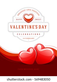 Happy Valentines day Greeting Card Design and Two Red Hearts Vector Background. Vintage Label Template.