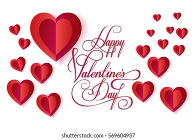 Happy Valentines Day greeting card lettering. Vector template. Romantic poster with hearts. Love, e-card, banner. Calligraphy decoration, Origami Cut paper red heart