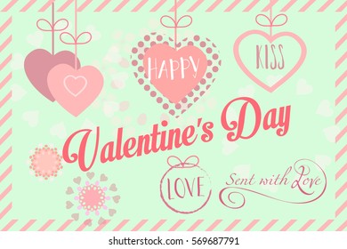 Happy Valentines Day greeting card. Vector template. Romantic poster with hearts, festive background. Love, poster, banner, e-card. Advertising, design, Calligraphy, poster. Retro style Hand Made card