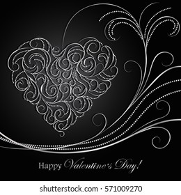 Happy Valentines day greeting card. Beautiful swirl pattern in a shape of heart on dark background.