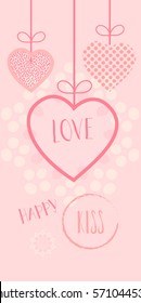 Happy Valentines Day greeting card. Vector template. Hand Drawn Romantic poster with hearts, festive background. Love, poster, banner, hand made e-card. Advertising, design, Retro Calligraphy poster