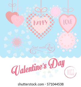 Happy Valentines Day greeting card. Vector template. Hand Drawn Romantic poster with hearts, festive background. Love, poster, banner, hand made e-card. Advertising, design, Retro Calligraphy poster