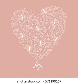 happy valentines day greeting card with love and doodle heart on pink background