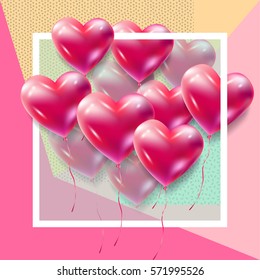 Happy Valentines Day greeting card vector template. Romantic poster with hearts balloons, festive background. Love, poster, banner, hand made e-card. Advertising, design.