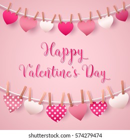 Happy Valentines Day Greeting Card with Hearts Garland. Vector illustration