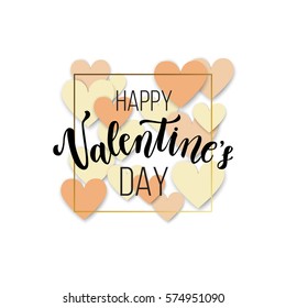 Happy Valentine's day greeting card, romantic love, creative printable journaling. Gold minimal logo in frame on abstract background. Vintage modern design for banner, poster, flyer, package template.