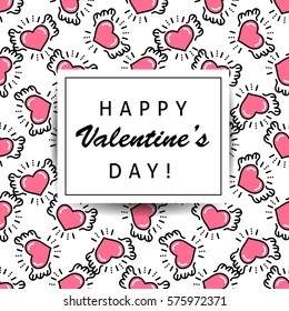 Happy Valentine's day greeting card template. Love heart line seamless pattern for gift wrapping, tag, digital scrapbooking, holiday background. Minimal outline heart texture. Modern stroke vector art