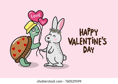 Happy Valentine's Day greeting card with cute tortoise and rabbit. Vector and background