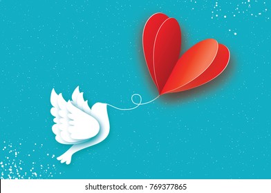 Happy Valentine's day Greeting card. Flying Love Balloon. Bird in paper cut style. Origami Romantic Dove. Red heart. White pigeon. 14 February. Bly sky background.