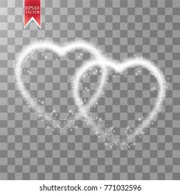 Happy Valentines Day greeting card. I Love You. 14 February. Holiday background with two hearts, light, stars on transparent background. Vector Illustration. eps 10