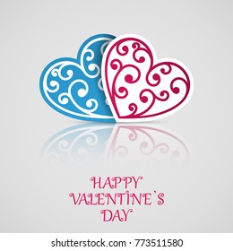 Happy Valentine's Day greeting card with swirl ornate, pink and blue colors. Hearts cut out from paper stand on the gray background with shadow and reflection - vector illustration.