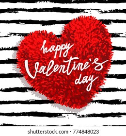 Happy Valentines Day greeting card with red fluffy heart, soft toy on striped brushstroke background. Vector illustration. Can be used as poster, flyers, invitation, brochure, banners, sale