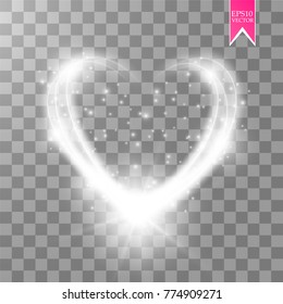 Happy Valentines Day greeting card. I Love You. 14 February. Holiday background with heart, light, stars on transparent background. Vector Illustration. eps 10