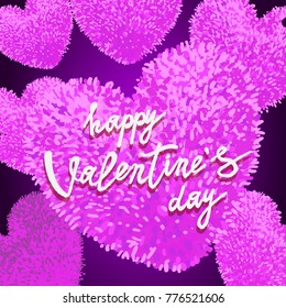 Happy Valentines Day greeting card with pink fluffy heart, soft toy. Vector illustration. Can be used as poster, flyers, invitation, brochure, banners, sale