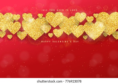 Happy Valentines Day greeting card with gold glittering hearts pattern on red background. Vector banner, flyer, poster template. 