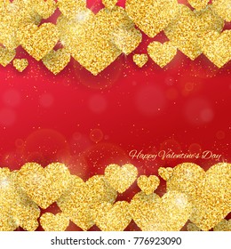 Happy Valentines Day greeting card with gold glittering hearts pattern on red background. Vector banner, flyer, poster template. 