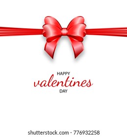 Happy Valentines Day greeting card. Realistic 3d red bow shape. Holiday vector illustration. Valentine's day sale gift box symbol. Satin ribbon love Valentine lettering text design web banner.