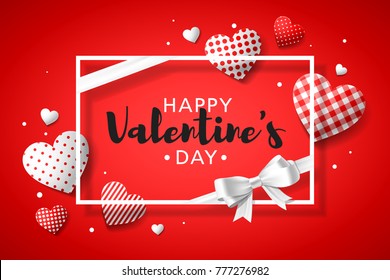 Happy Valentine's Day greeting card design with frame, gift bow and different patterns hearts, vector illustrtation