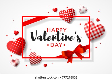 Happy Valentine's Day greeting card design with frame, gift bow and different patterns hearts, vector illustrtation