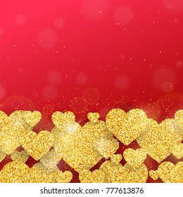 Happy Valentines Day greeting card with gold glittering hearts pattern on red background. Vector banner, flyer, poster template. 