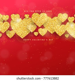Happy Valentines Day greeting card with gold glittering hearts pattern on red background. Vector banner, flyer, poster template. 