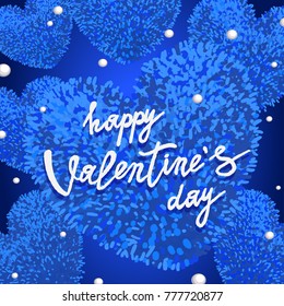 Happy Valentines Day greeting card with blue fluffy hearts and pearls. Vector illustration. Can be used as poster, flyers, invitation, brochure, banners, sale