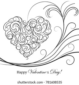 Happy Valentines day greeting card. Beautiful swirl pattern in a shape of heart on white background.