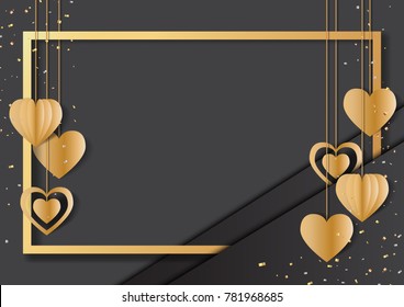 Happy valentine's day greeting card with golden frame and hearts hanging on black background.Vector illustration.