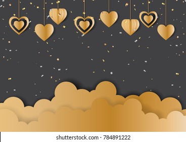 Happy valentine's day greeting card with golden confetti and hearts hanging on black background.Vector illustration.