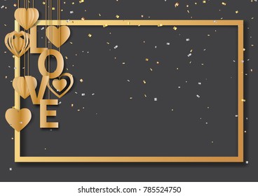 Happy valentine's day greeting card with love text,golden frame and hearts hanging on black background.Vector illustration.