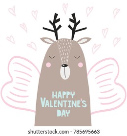 Happy Valentine's Day greeting card with funny deer. Vector hand drawn illustration.