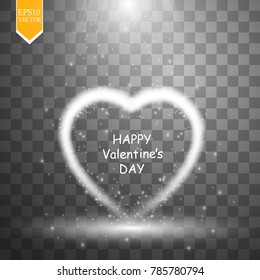 Happy Valentines Day greeting card. I Love You. 14 February. Holiday background with hearts with arrow, light, stars and projector on transparent backgraund. Vector Illustration