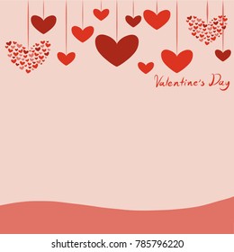 Happy valentines day greeting card with lettering and falling various type of hearts shape. flat style vector illustration. 