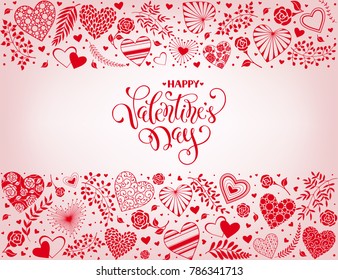 Happy Valentines Day greeting card with horisontal frame from hearts and floral elements. Romantic hearts in horisontal composition with calligraphic phrase on red background.