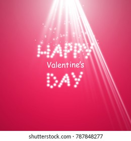 Happy Valentines Day greeting card. 14 February. Holiday background with arrow, light, stars and projector on pink background. Vector Illustration. eps 10